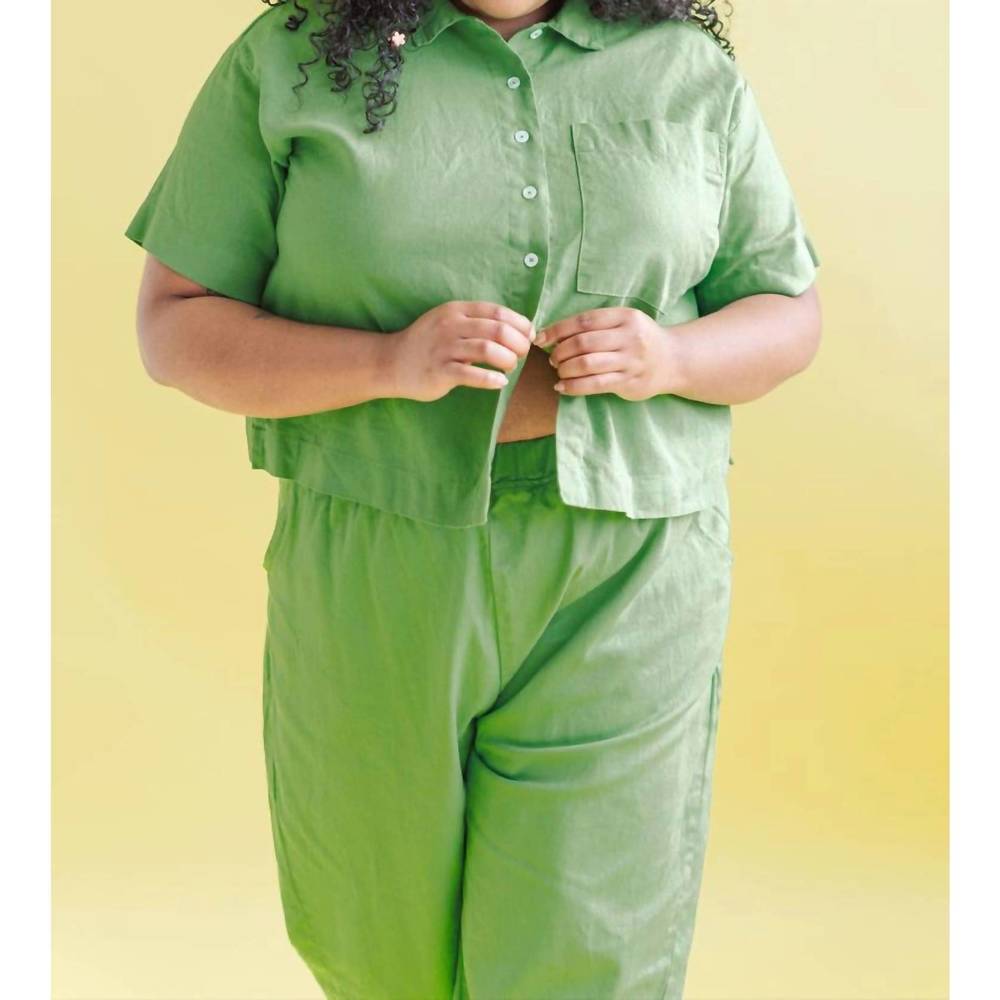 NEW NETTLE STUDIOS women's boxy collared top in acid green linen